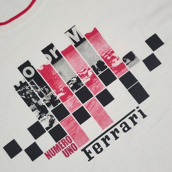 Puma Scuderia Ferrari Numero Uno Mens Lg T-Shirt Cream Checkered Racing Graphic - Picture 2 of 12